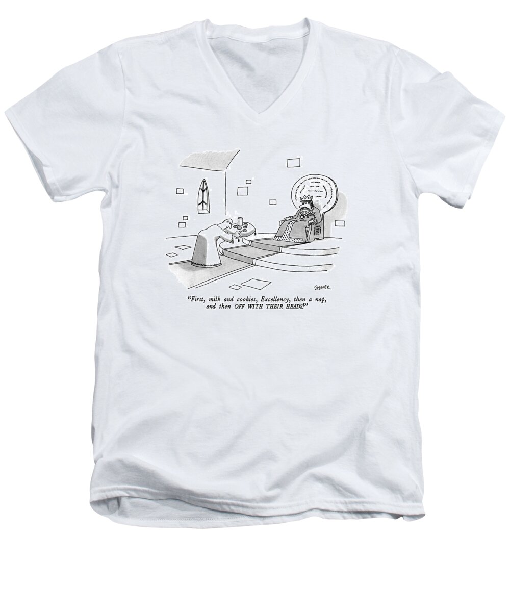 Royal Men's V-Neck T-Shirt featuring the drawing First, Milk And Cookies, Excellency, Then A Nap by Jack Ziegler
