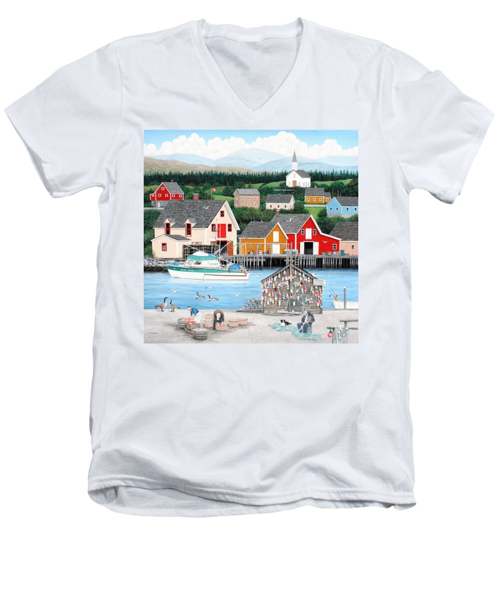 Seascape Men's V-Neck T-Shirt featuring the painting Fisherman's Cove by Wilfrido Limvalencia