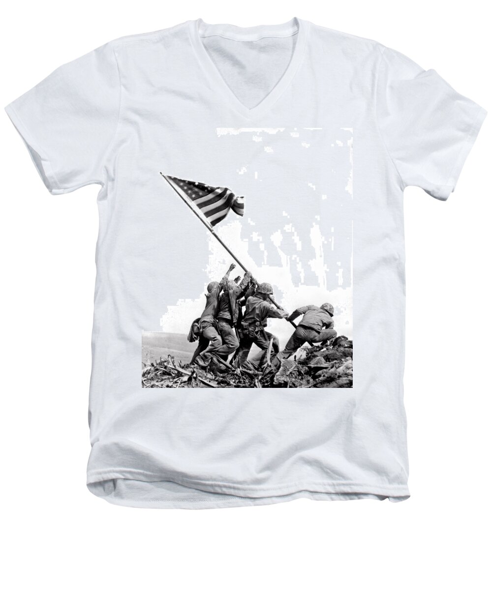 #faatoppicks Men's V-Neck T-Shirt featuring the photograph Flag Raising At Iwo Jima by Underwood Archives