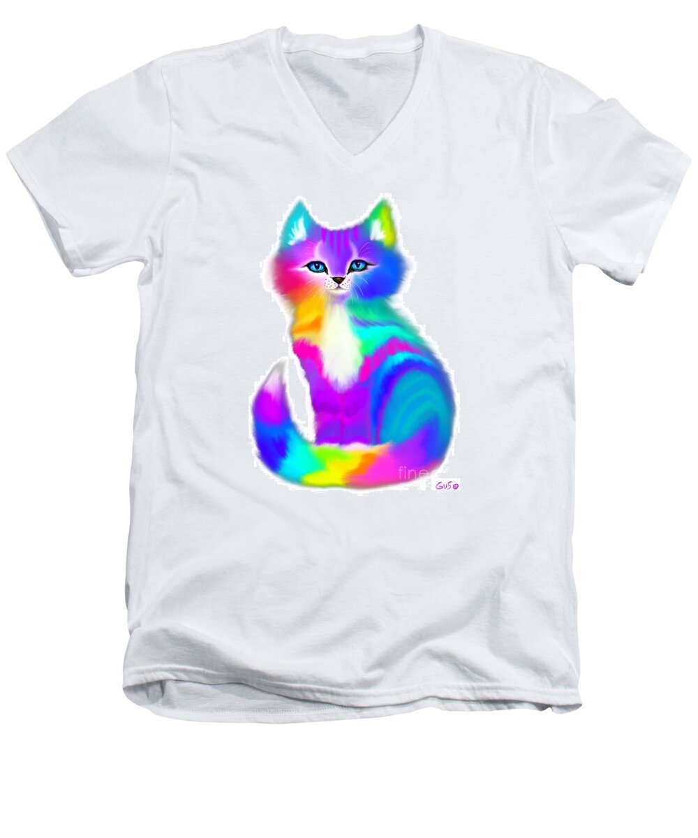 Colorful Cats Men's V-Neck T-Shirt featuring the painting Fluffy Rainbow Kitten by Nick Gustafson