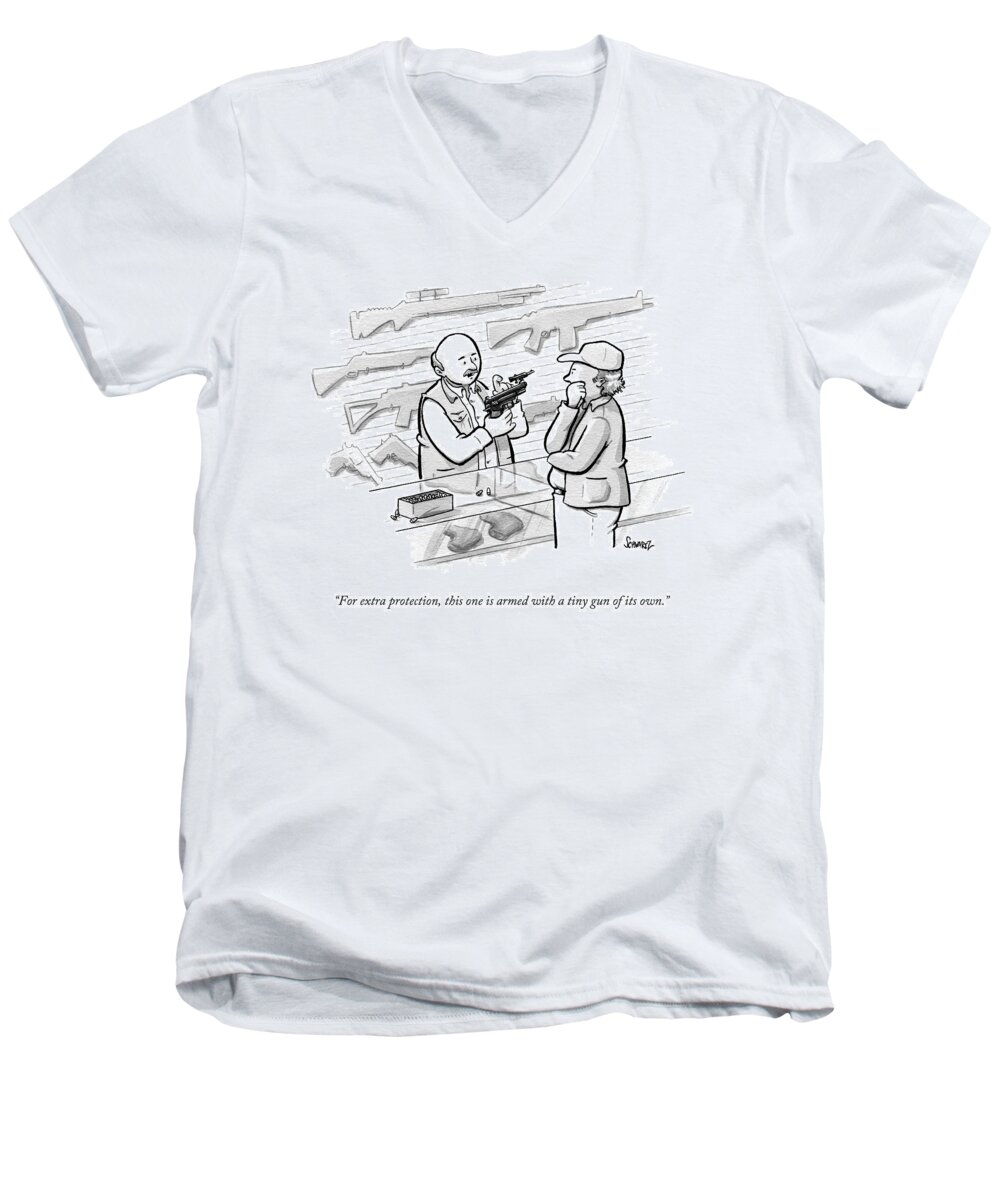 Gun Men's V-Neck T-Shirt featuring the drawing For Extra Protection by Benjamin Schwartz