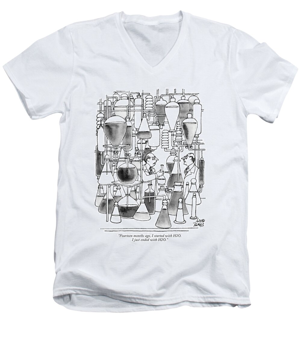 78506 Jfa Joseph Farris (one Scientist To Another In Laboratory.) Another Experiment Experiments Lab Laboratory Labs One Professor Science Scientist Technological Technology Water Men's V-Neck T-Shirt featuring the drawing Fourteen Months Ago by Joseph Farris