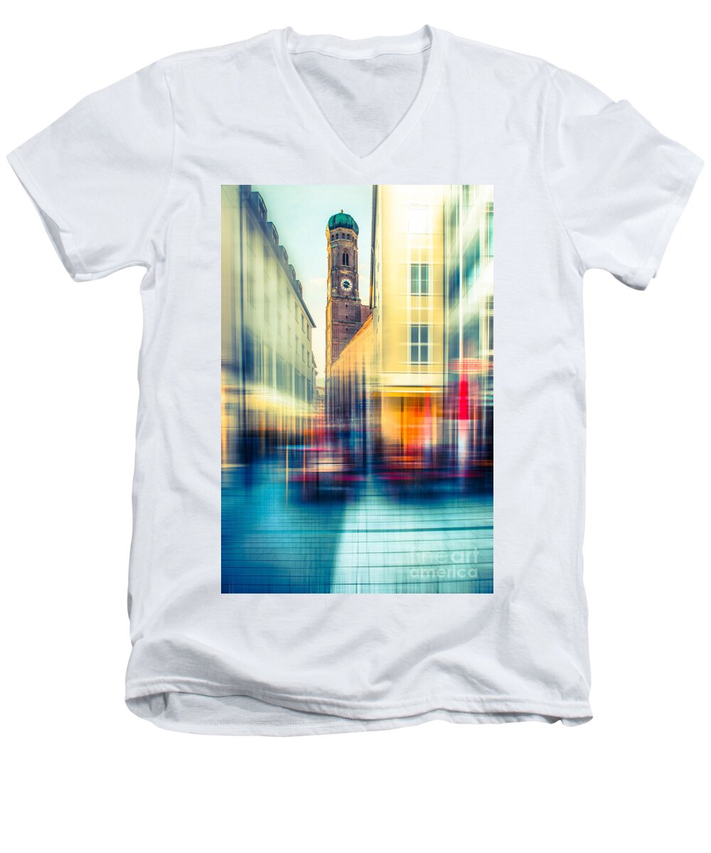 People Men's V-Neck T-Shirt featuring the photograph Frauenkirche - Munich V - vintage by Hannes Cmarits