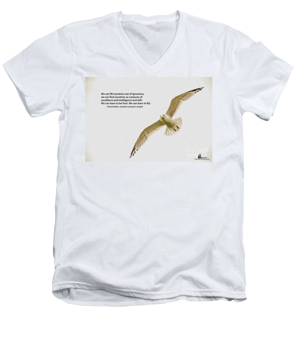 Seagull Men's V-Neck T-Shirt featuring the photograph Free Flight by Grace Grogan