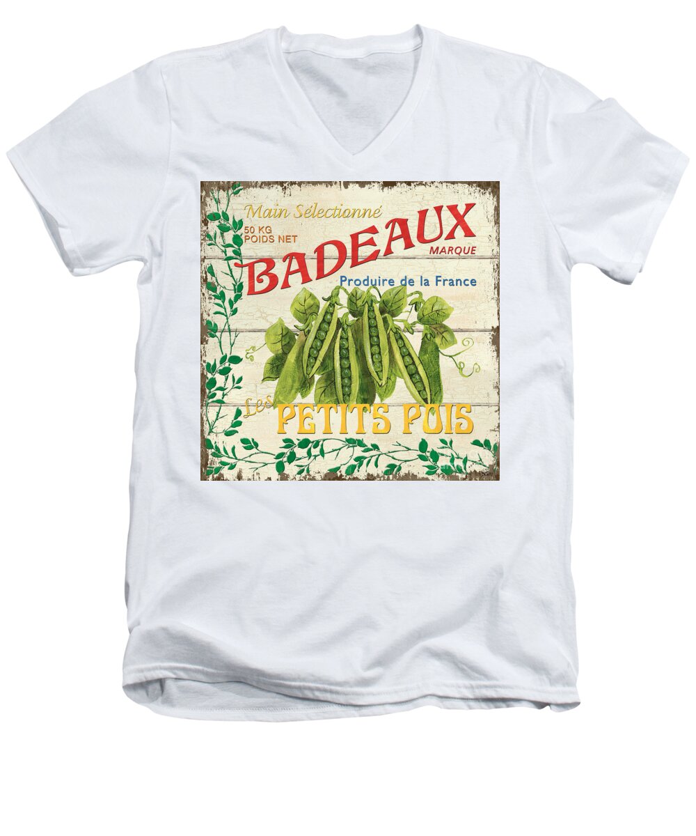 Peas Men's V-Neck T-Shirt featuring the painting French Veggie Sign 1 by Debbie DeWitt