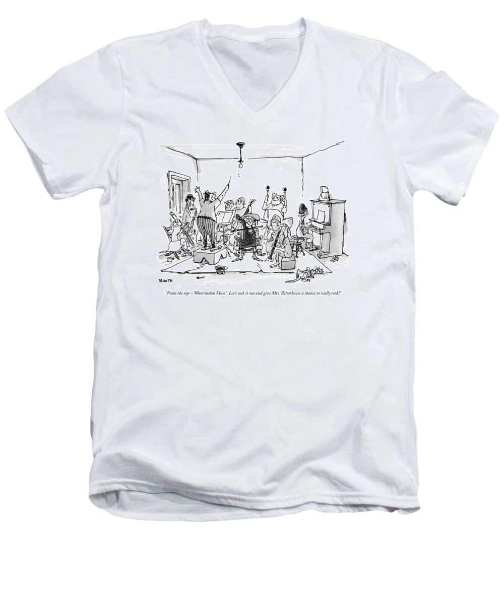 From The Top - 'watermelon Man.' Let's Sock It Out And Give Mrs. Ritterhouse A Chance To Really Cook! Men's V-Neck T-Shirt featuring the drawing From The Top - 'Watermelon Man.'  by George Booth