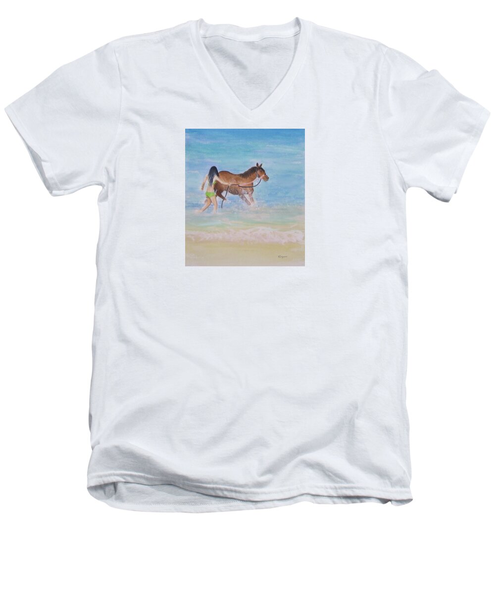 Seascape Men's V-Neck T-Shirt featuring the painting Fun on the Beach by Elvira Ingram