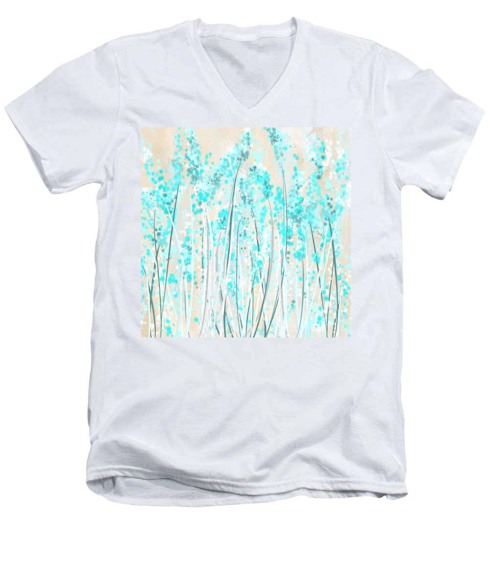 Blue Men's V-Neck T-Shirt featuring the painting Garden Of Blues- Teal And Cream Art by Lourry Legarde