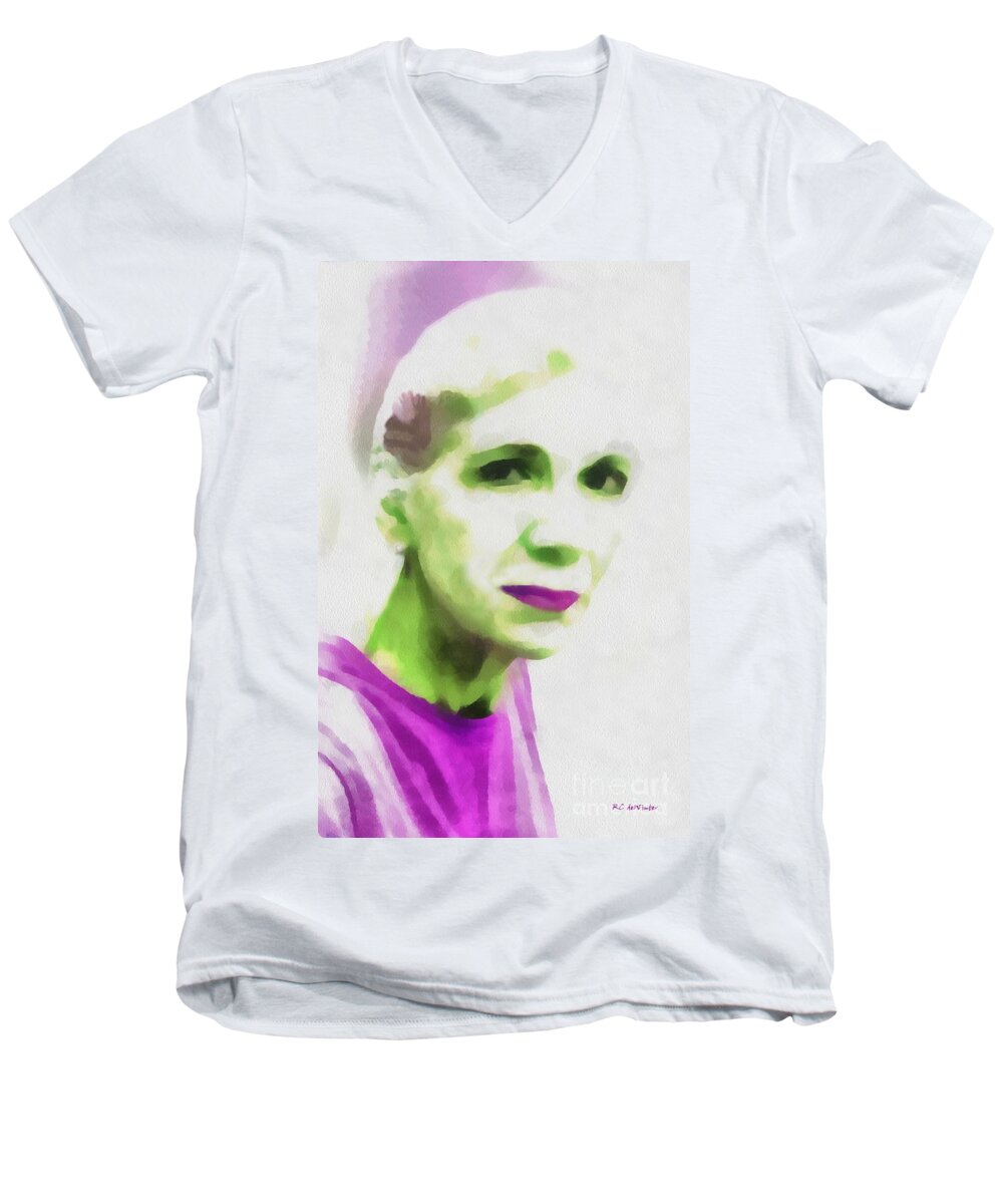 Woman Men's V-Neck T-Shirt featuring the painting Gazing Through Glass by RC DeWinter