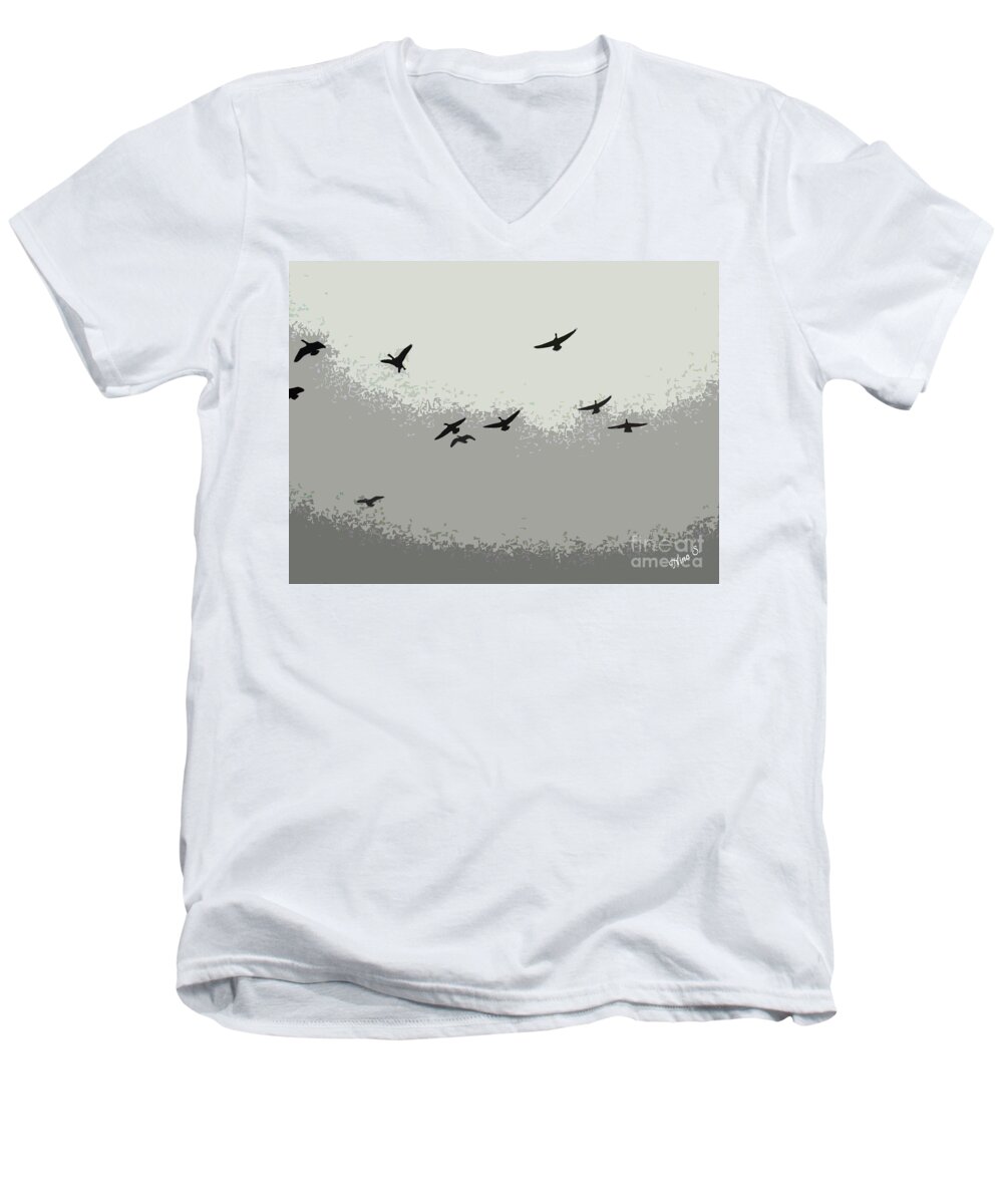 Grey Men's V-Neck T-Shirt featuring the photograph Geese in Sillouehette by Nina Silver