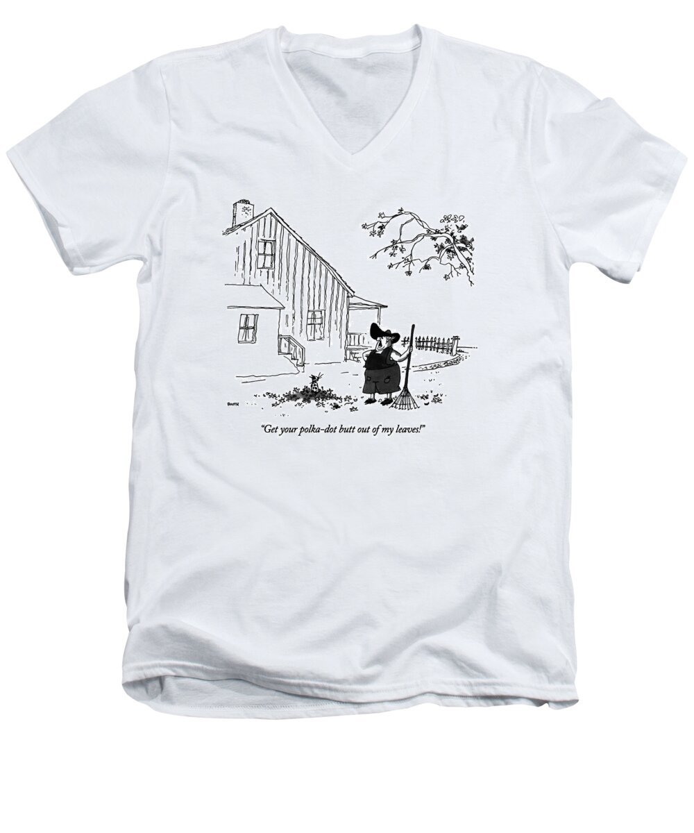 

 Large Woman Holding Rake Says To Cat Who Is Playing In A Pile Of Leaves. Pets Men's V-Neck T-Shirt featuring the drawing Get Your Polka-dot Butt Out Of My Leaves! by George Booth