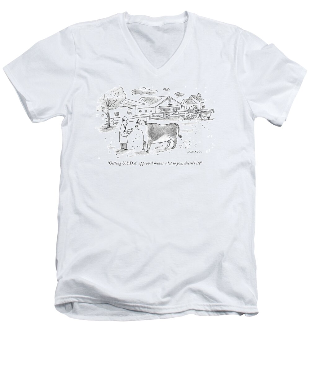 Cows - General Men's V-Neck T-Shirt featuring the drawing Getting U.s.d.a. Approval Means A Lot by Michael Maslin