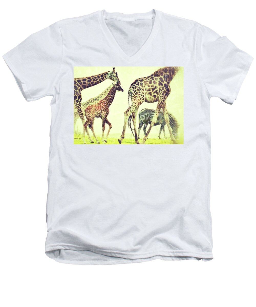 Giraffes Men's V-Neck T-Shirt featuring the photograph Giraffes and a zebra in the mist by Nick Biemans