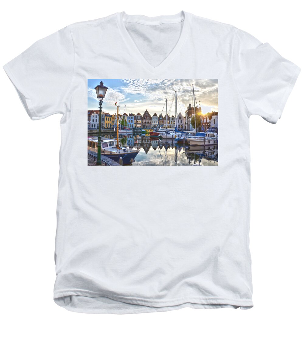 Netherlands Men's V-Neck T-Shirt featuring the photograph Goes Harbour by Frans Blok