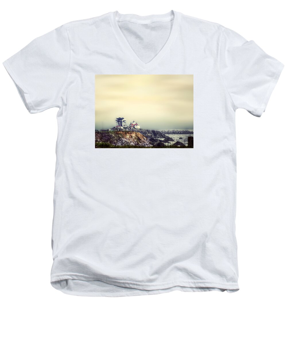 Lighthouse Men's V-Neck T-Shirt featuring the photograph Golden Lights by Melanie Lankford Photography