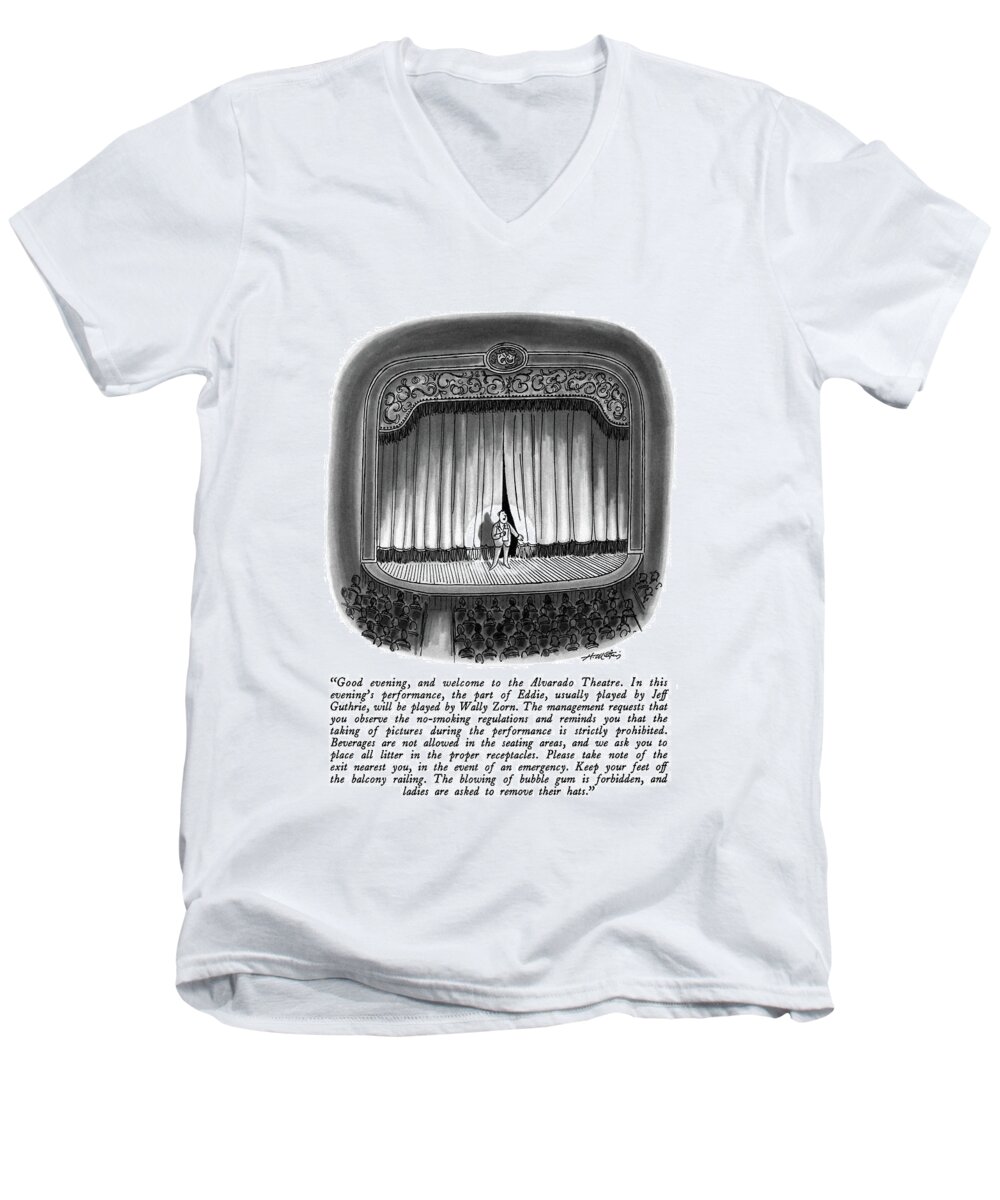 

 Man Making Announcements On Stage. 
Theater Men's V-Neck T-Shirt featuring the drawing Good Evening by Henry Martin