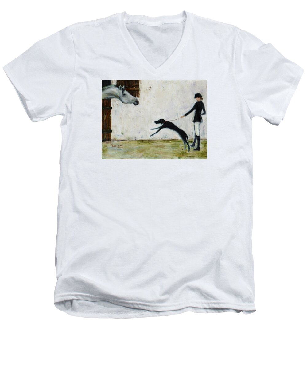 Equine Men's V-Neck T-Shirt featuring the painting Good to See You again by Xueling Zou