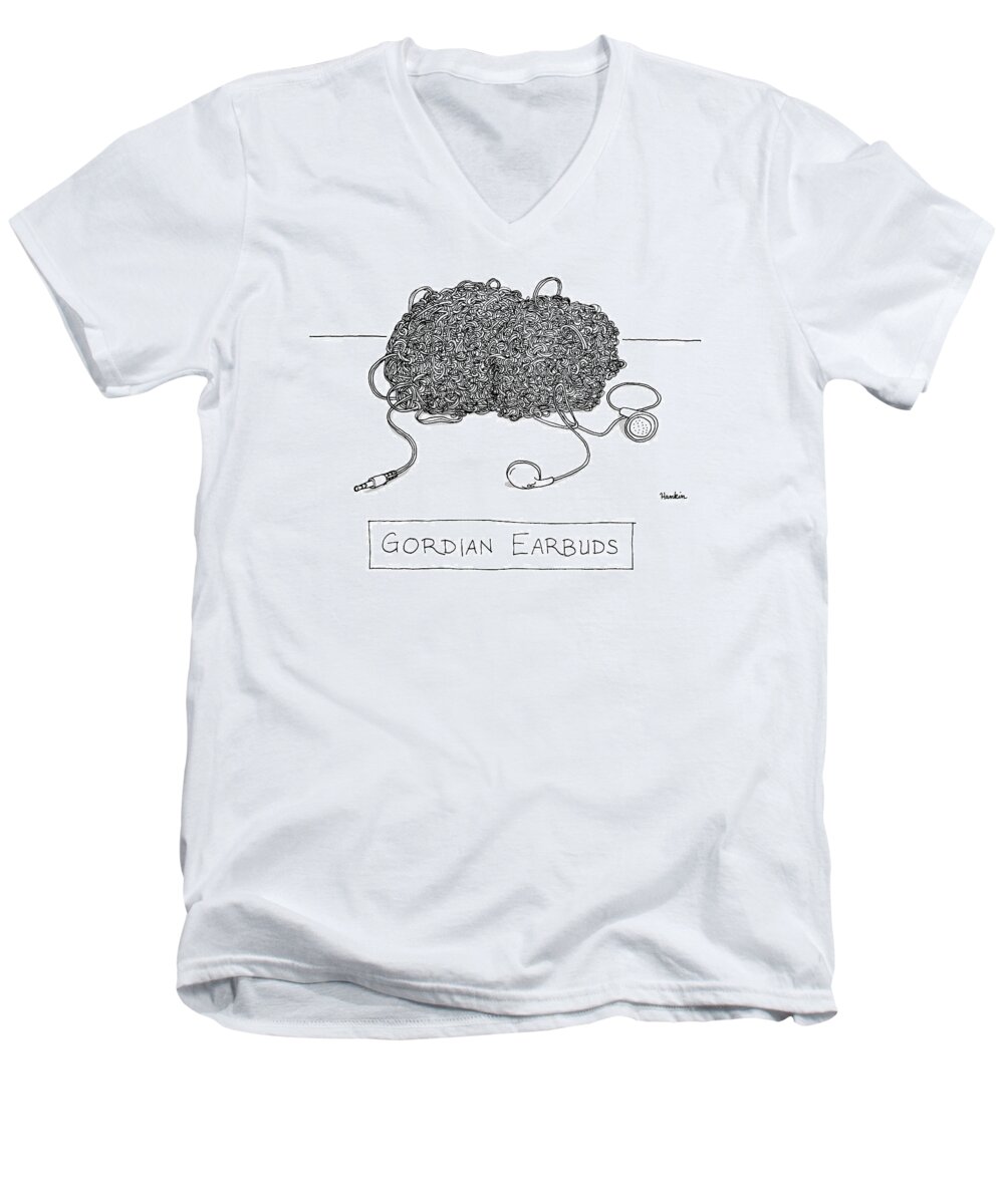 Captionless Men's V-Neck T-Shirt featuring the drawing Gordian Earbuds by Charlie Hankin