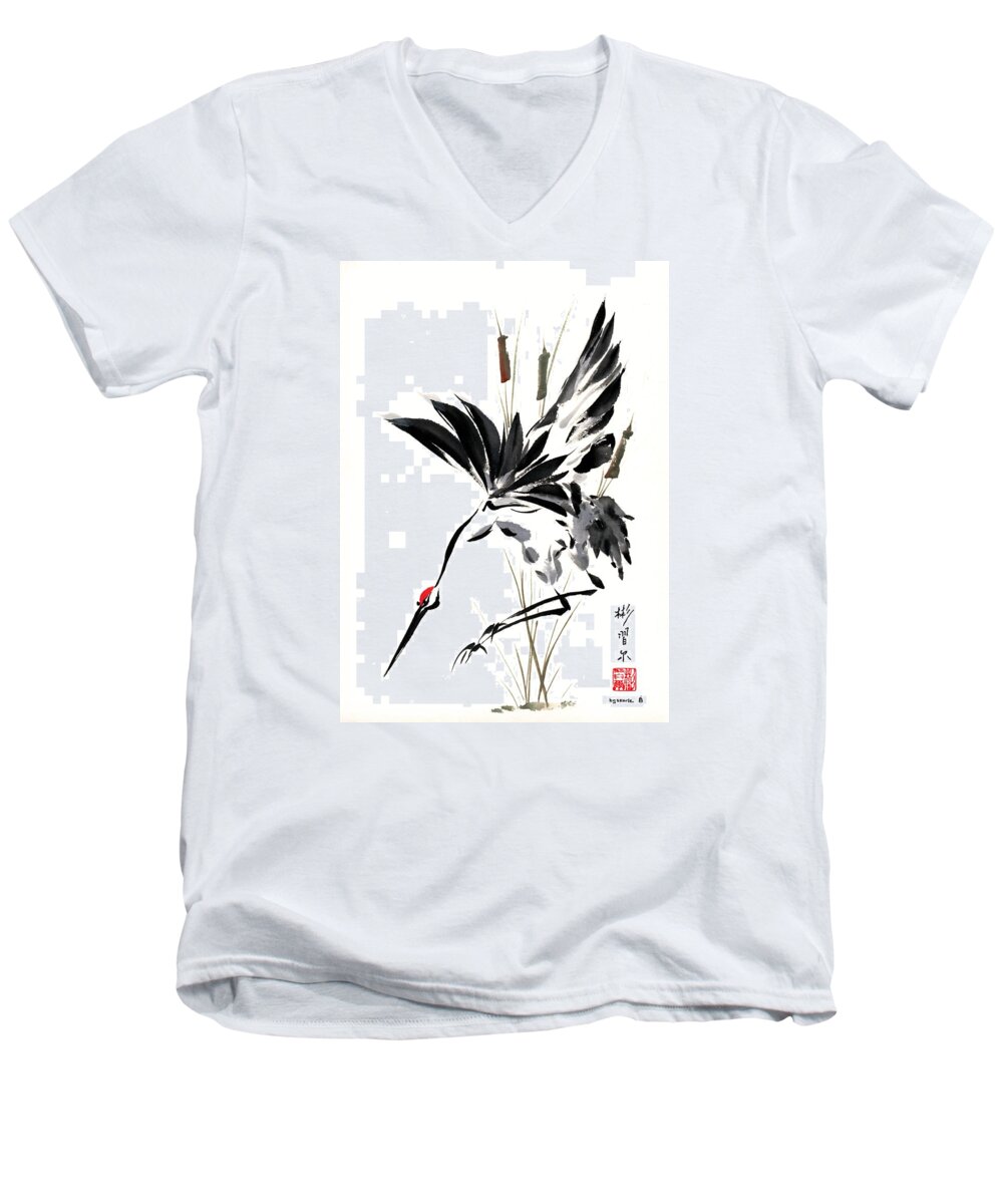 Chinese Brush Painting Men's V-Neck T-Shirt featuring the painting Grace of Descent by Bill Searle
