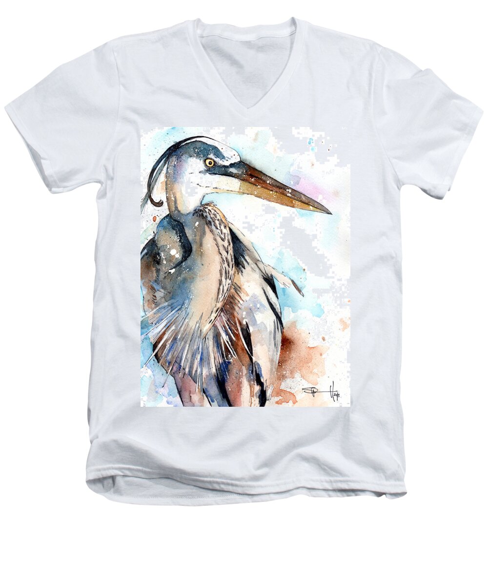 Watercolor Birds Men's V-Neck T-Shirt featuring the painting Great Blue by Sean Parnell