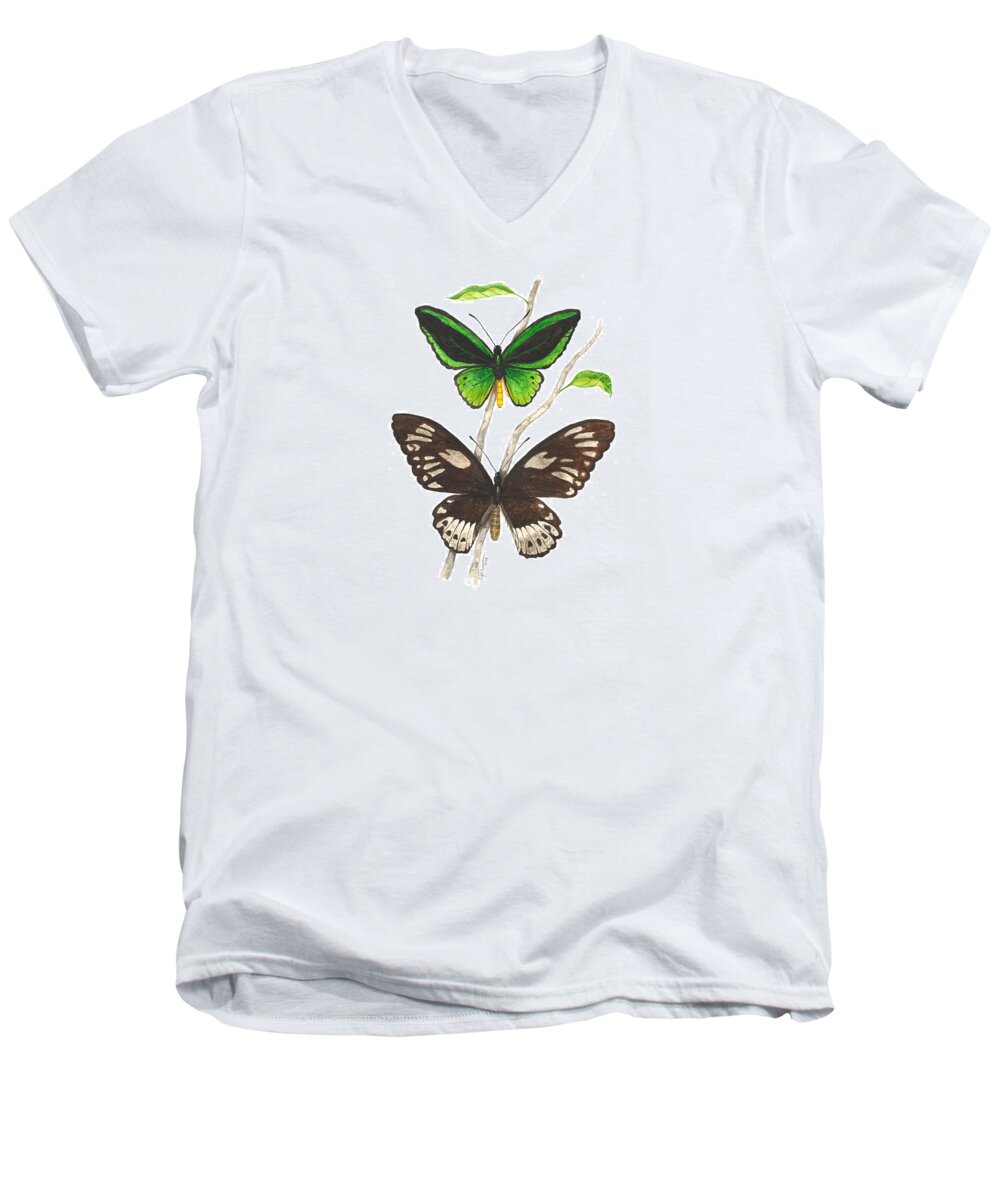 Ornithoptera Priamus Men's V-Neck T-Shirt featuring the painting Green Birdwing Butterfly by Cindy Hitchcock