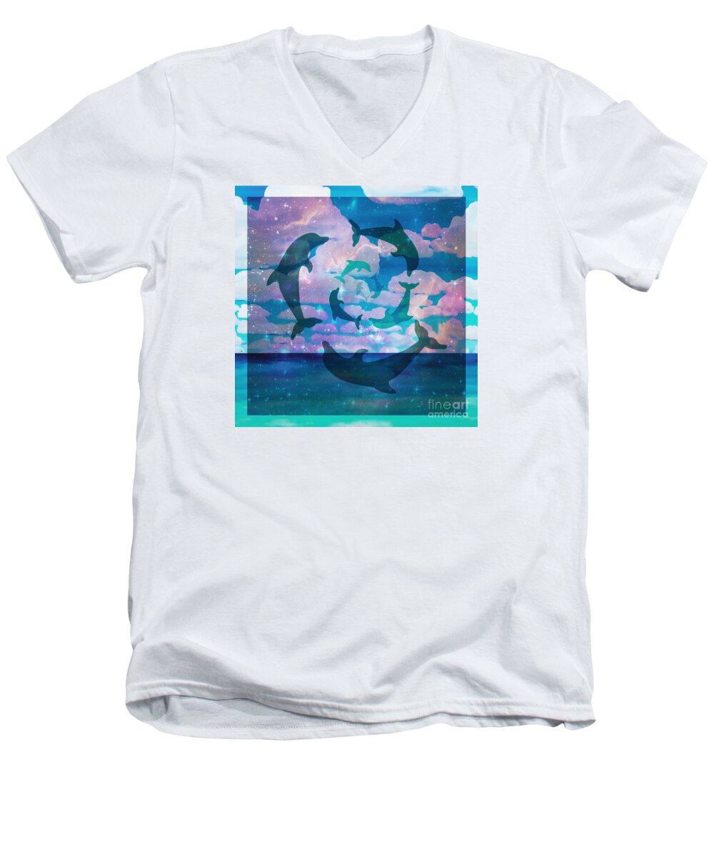 Dolphins Men's V-Neck T-Shirt featuring the painting Green Dolphin Dance by Shelley Myers