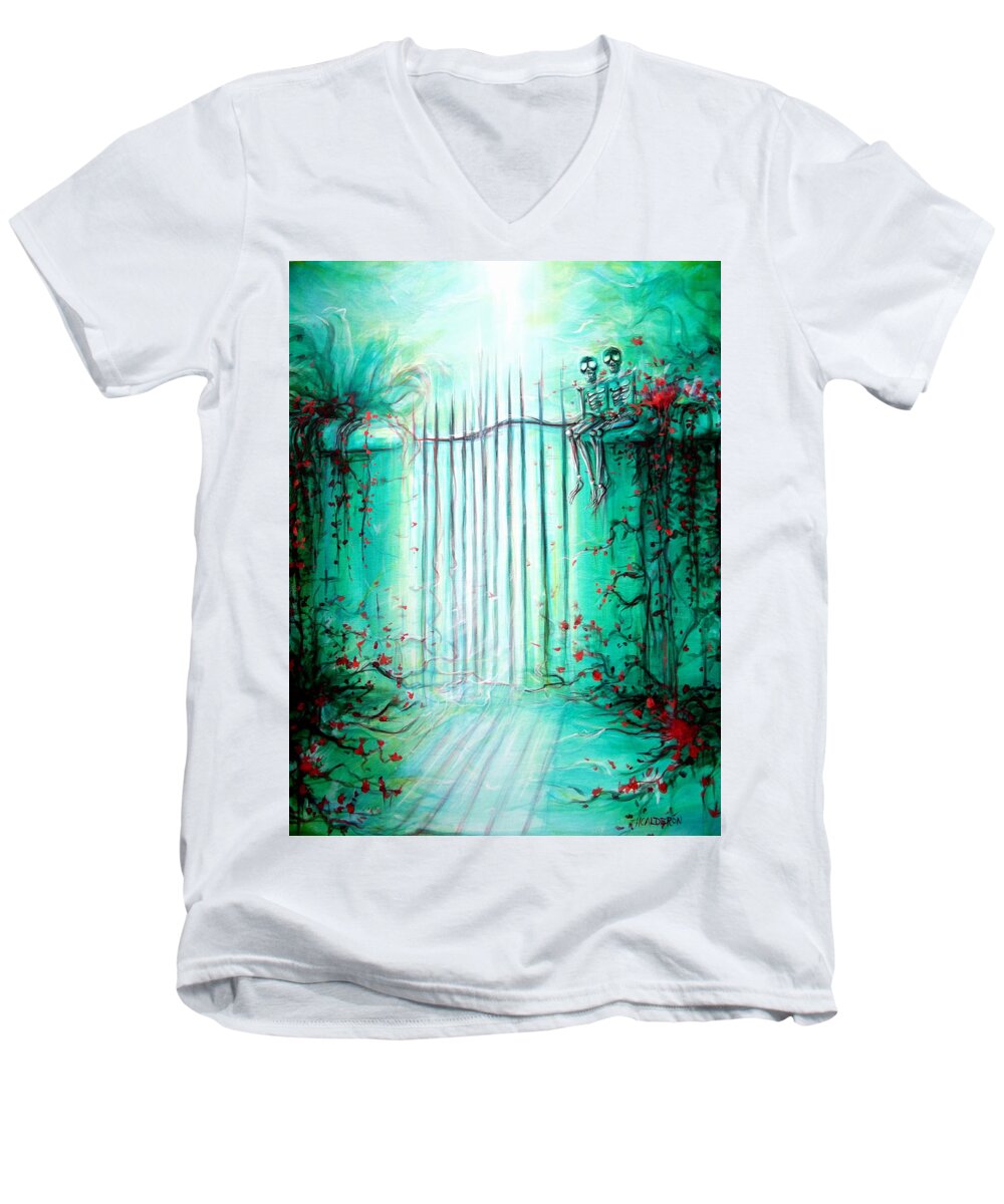Day Of The Dead Men's V-Neck T-Shirt featuring the painting Green Skeleton Gate by Heather Calderon