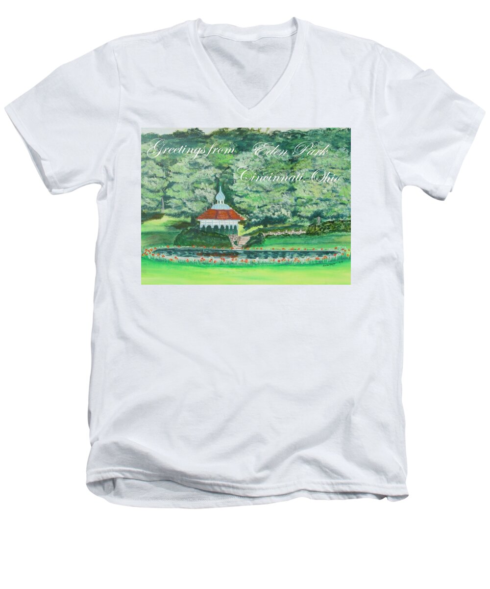 Eden Park Men's V-Neck T-Shirt featuring the painting Greetings from Eden Park Cincinnati Ohio by Diane Pape