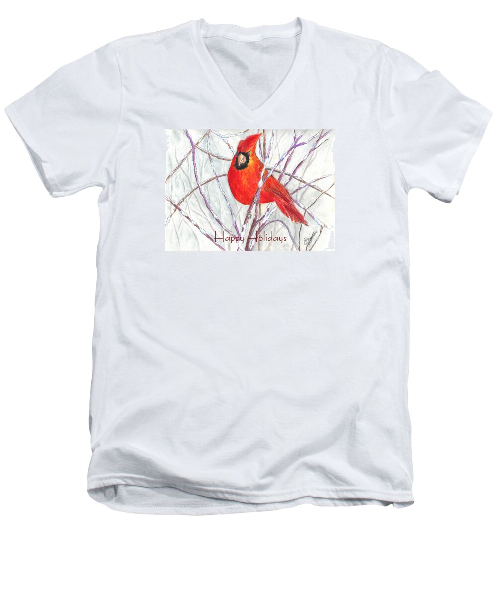 Greeting Card Men's V-Neck T-Shirt featuring the painting Happy Holidays Snow Cardinal by Carol Wisniewski