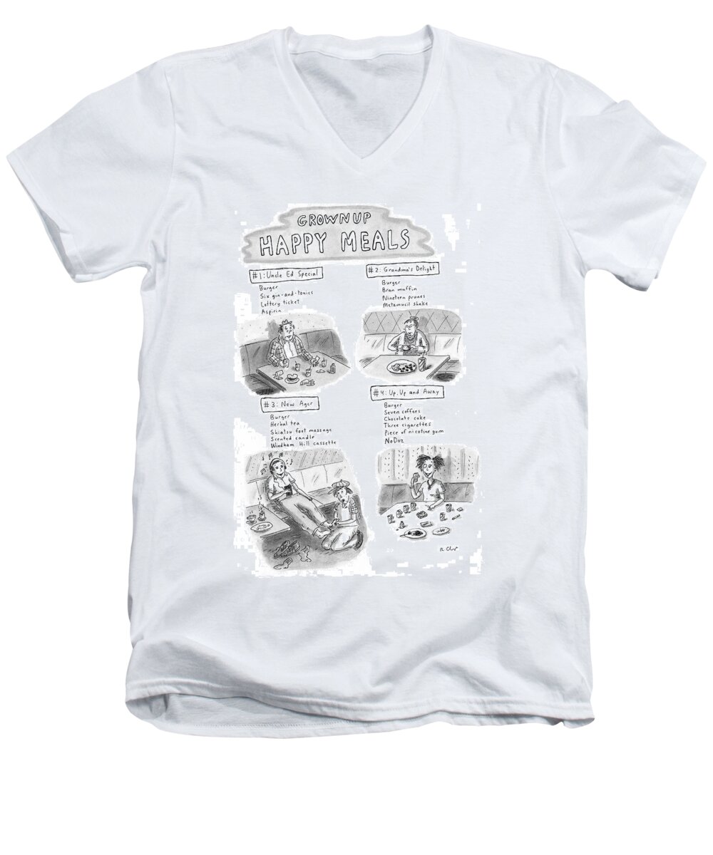 Grownup Happy Meals Men's V-Neck T-Shirt featuring the drawing 'happy Meals For Grown Ups' by Roz Chast
