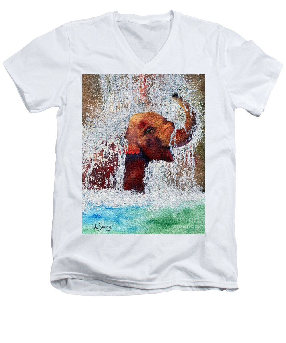 Elephant Men's V-Neck T-Shirt featuring the painting Happy Packy by Diane DeSavoy