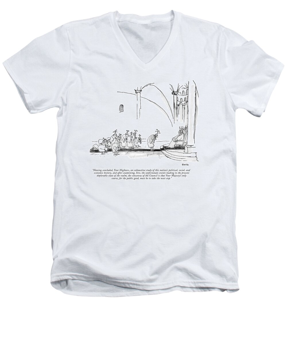 
(ministers Bowing Down Before Their King.) Royalty Government Artkey 44640 Men's V-Neck T-Shirt featuring the drawing Having Concluded by George Booth