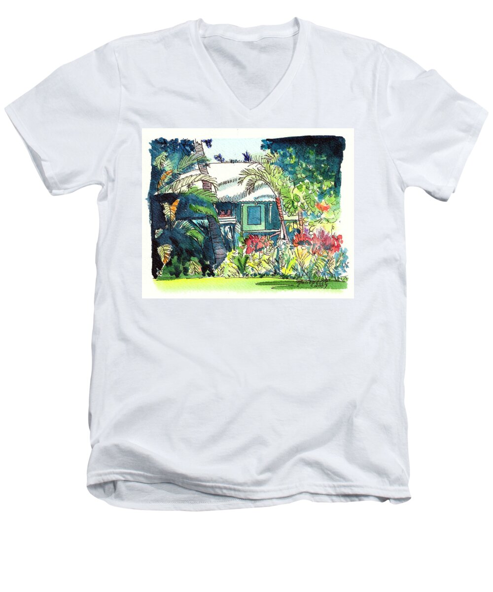 Plantation Cottage Art Men's V-Neck T-Shirt featuring the painting Hawaiian Cottage 3 by Marionette Taboniar