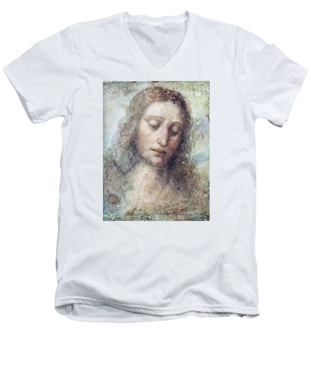 Christ Men's V-Neck T-Shirt featuring the drawing Head of Christ Restoration Art Work by Karon Melillo DeVega