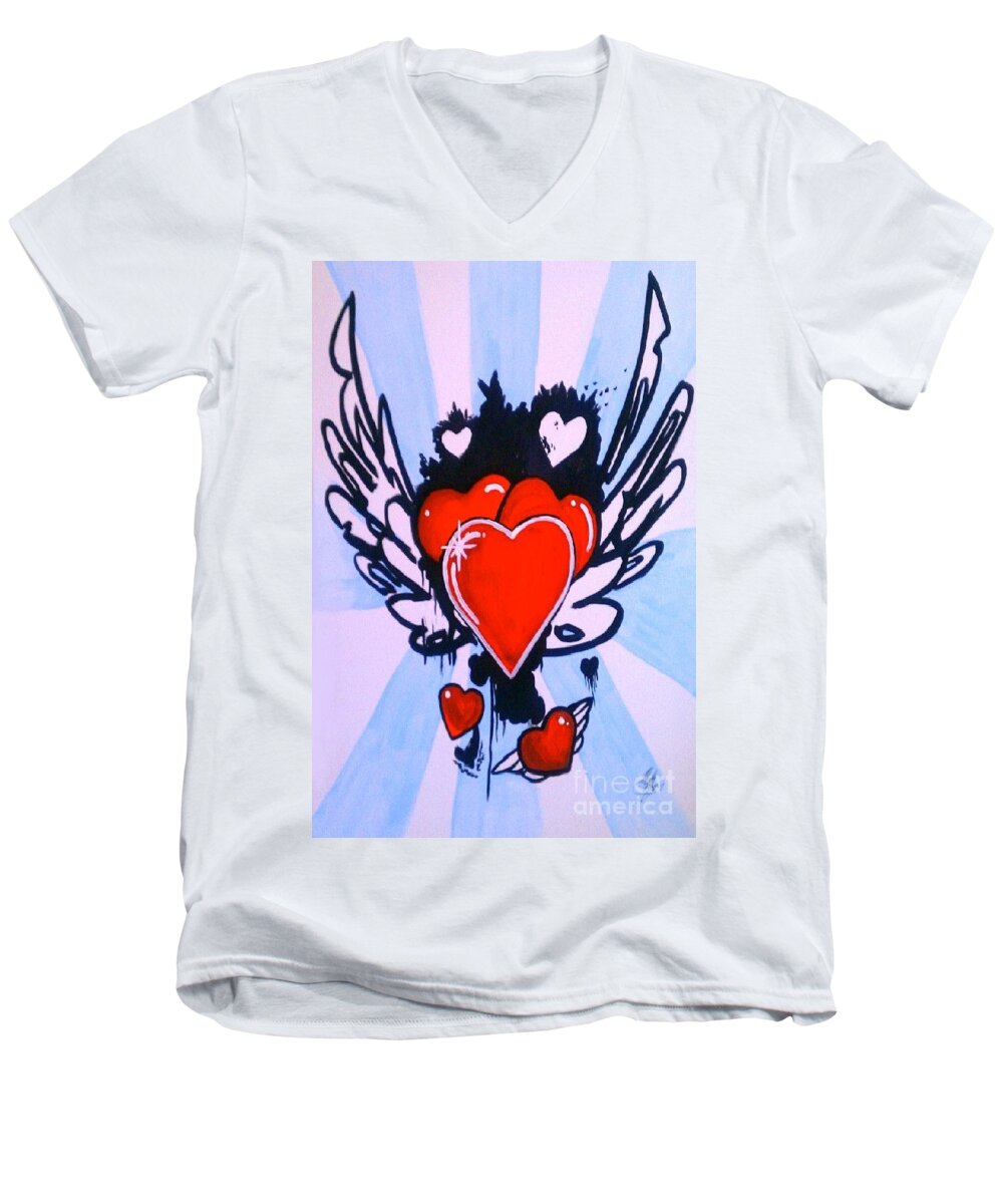 Hearts Men's V-Neck T-Shirt featuring the painting Hearts by Marisela Mungia