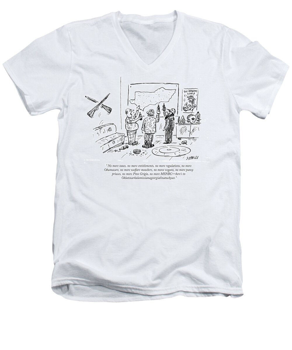 Obama Men's V-Neck T-Shirt featuring the drawing Here's To Oklatexakalamissianageorgialinatuckysee by David Sipress