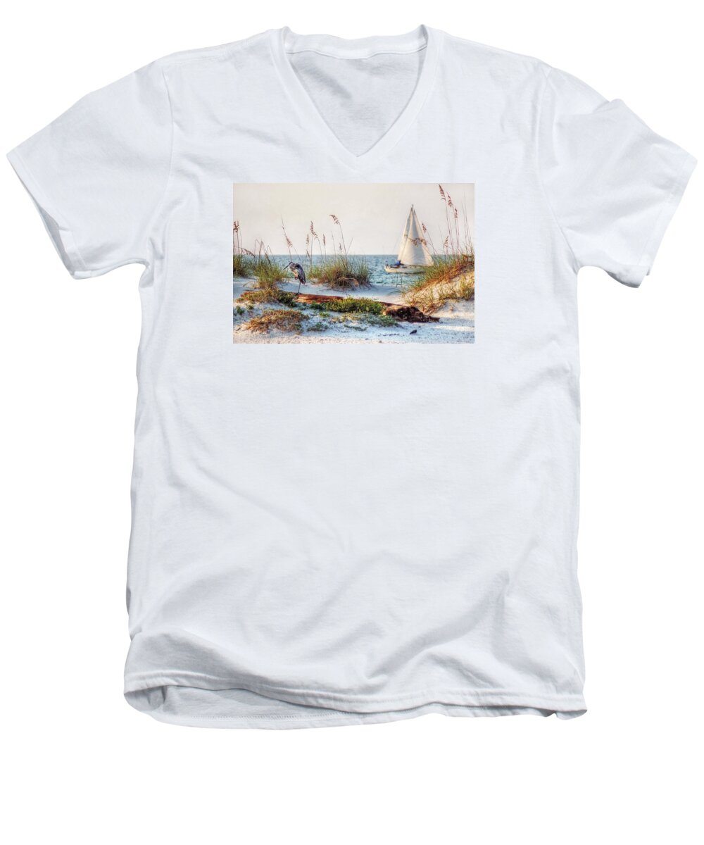 Alabama Men's V-Neck T-Shirt featuring the photograph Heron and Sailboat by Michael Thomas