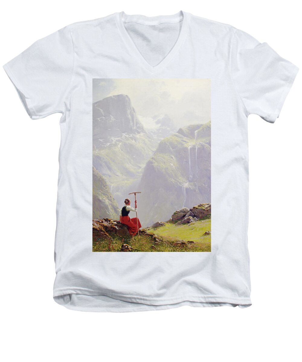 Hans Andreas Dahl Men's V-Neck T-Shirt featuring the painting High in the Mountains by Hans Andreas Dahl