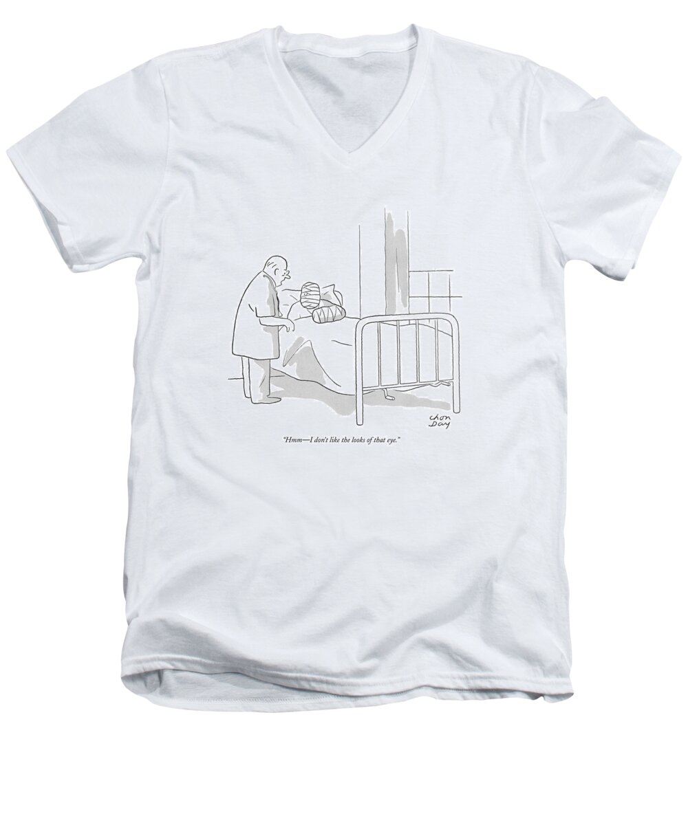 
 Patient Men's V-Neck T-Shirt featuring the drawing Hmm - I Don't Like The Looks Of That Eye by Chon Day