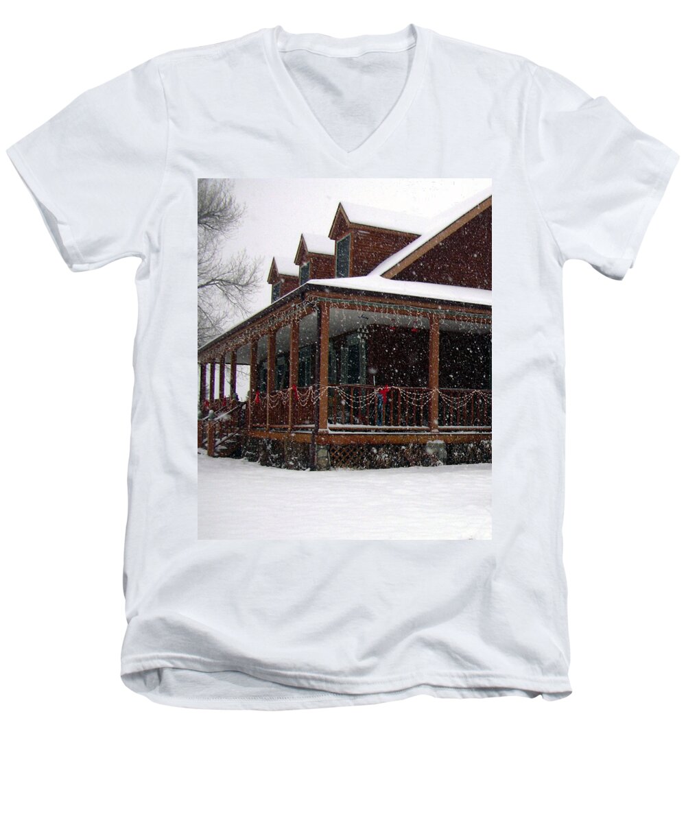 Ranch Men's V-Neck T-Shirt featuring the photograph Holiday Porch by Claudia Goodell