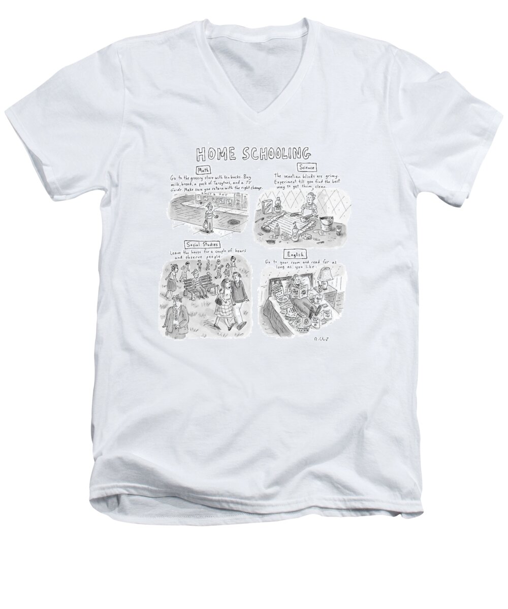 Home Schooling Men's V-Neck T-Shirt featuring the drawing 'home Schooling' by Roz Chast