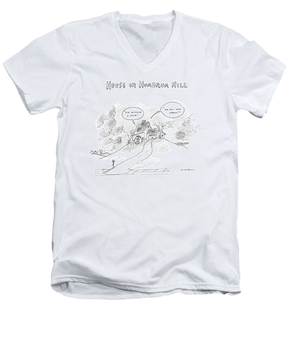 Horror Stories Men's V-Neck T-Shirt featuring the drawing House On Hum-drum Hill Features A Plain House by Michael Maslin