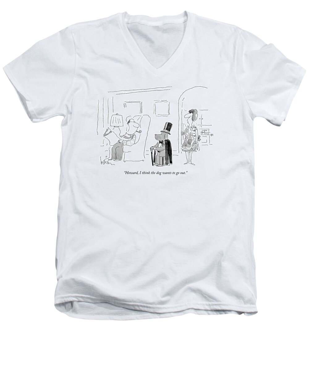 Leisure Men's V-Neck T-Shirt featuring the drawing Howard, I Think The Dog Wants To Go Out by Arnie Levin