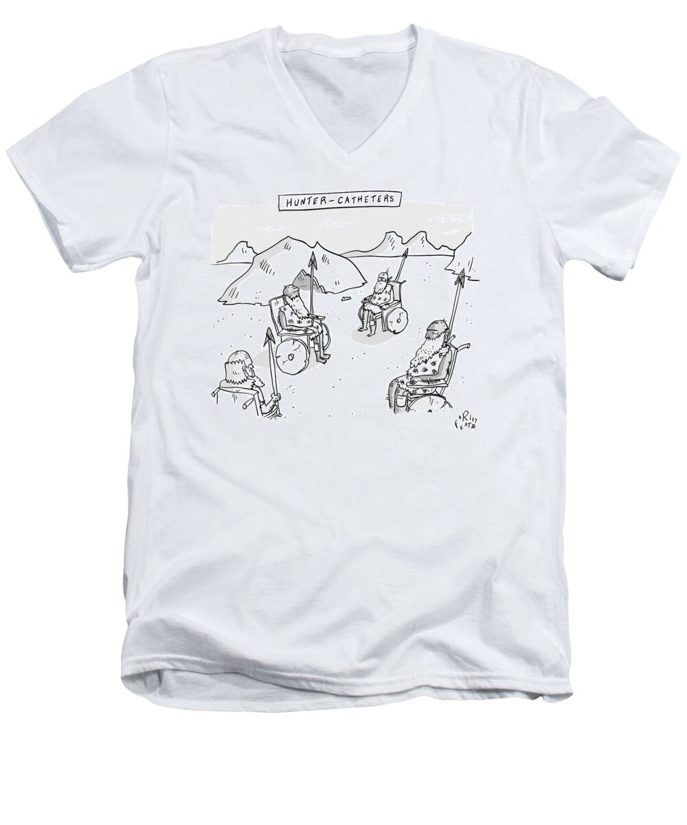 Captionless Hunter Gatherer Men's V-Neck T-Shirt featuring the drawing Hunter-catheters -- Stone-age Warriors Sit by Farley Katz