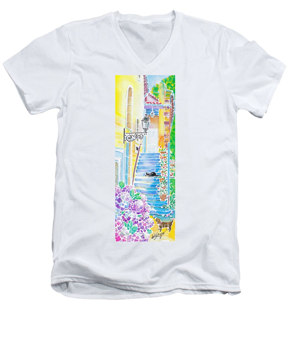 Hydrangeas Men's V-Neck T-Shirt featuring the painting Hydrangeas and the hotel by Hisayo OHTA