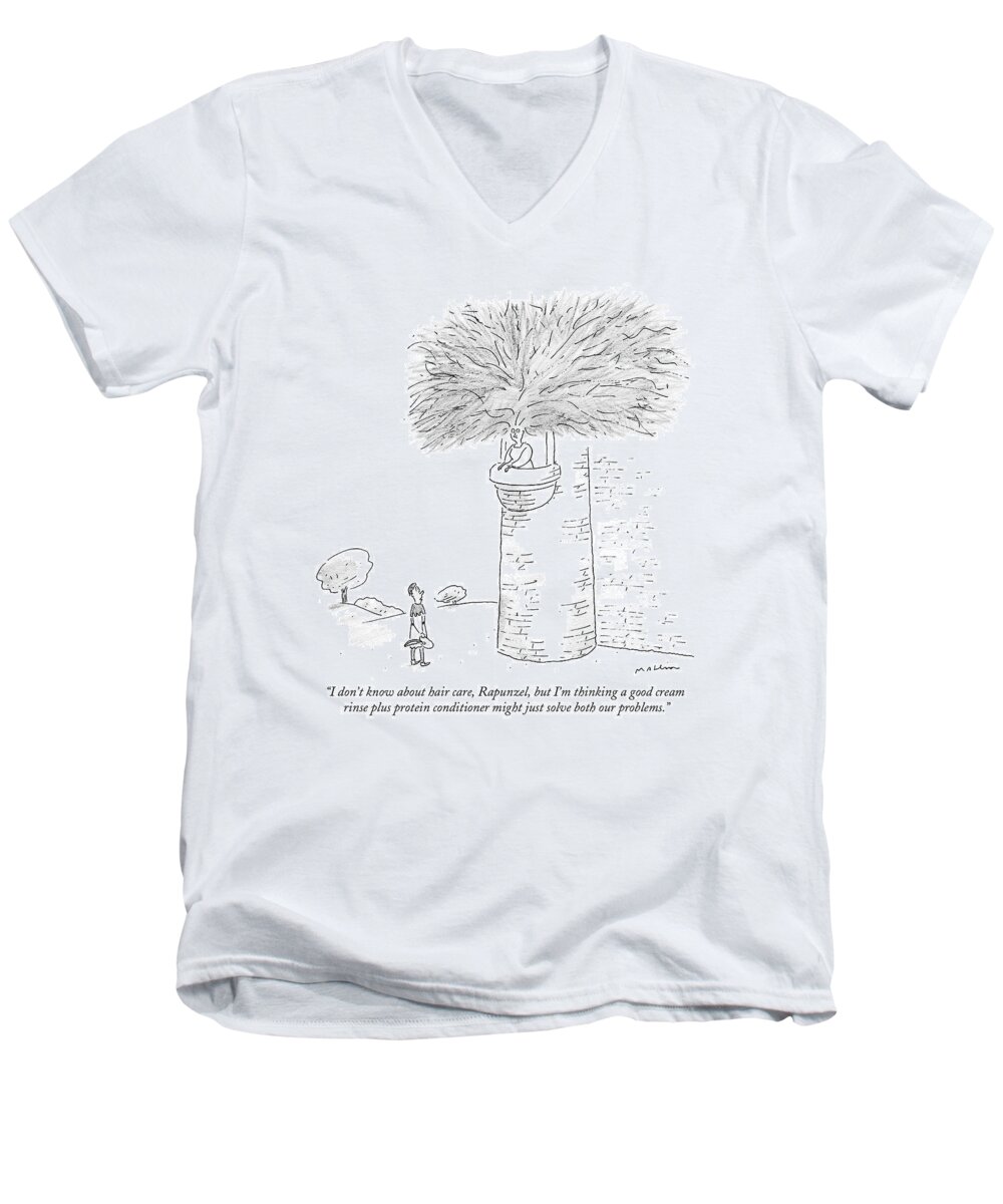 Rapunzel Men's V-Neck T-Shirt featuring the drawing ?i Don?t Know About Hair Care by Michael Maslin