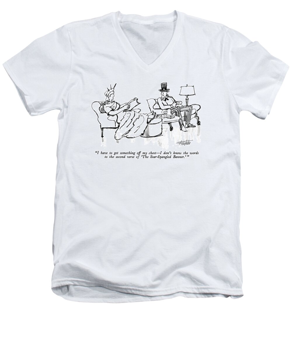America Men's V-Neck T-Shirt featuring the drawing I Have To Get Something Off My Chest - I Don't by Mischa Richter