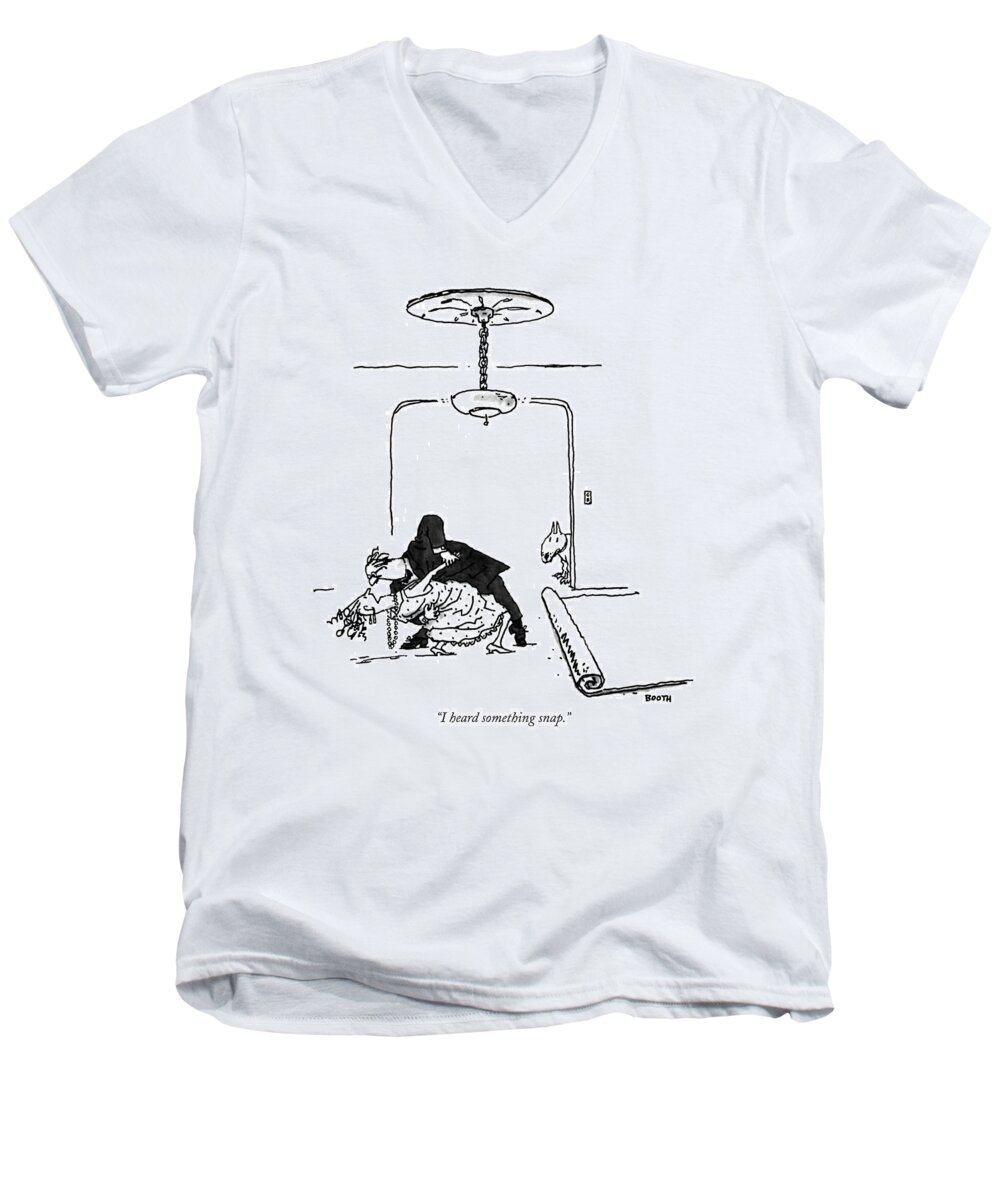 

 Middle-aged Wife To Her Husband As He Dips Her While They Dance In Their Living Room. The Rug Is Rolled Up Men's V-Neck T-Shirt featuring the drawing I Heard Something Snap by George Booth