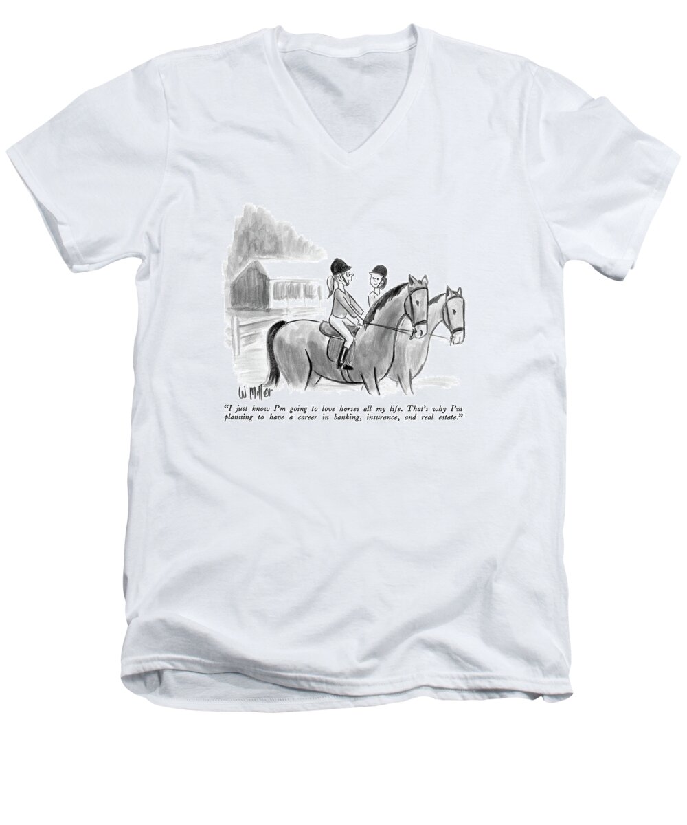 

 Two Girls Talking Together On Horseback. 
Modern Life Men's V-Neck T-Shirt featuring the drawing I Just Know I'm Going To Love Horses All My Life by Warren Miller