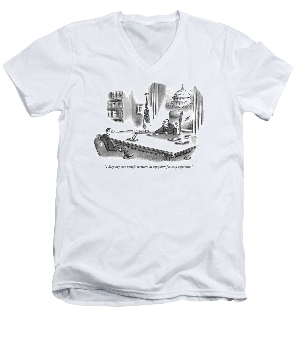 Hand Men's V-Neck T-Shirt featuring the drawing I Keep My Core Beliefs Written On My Palm by Frank Cotham